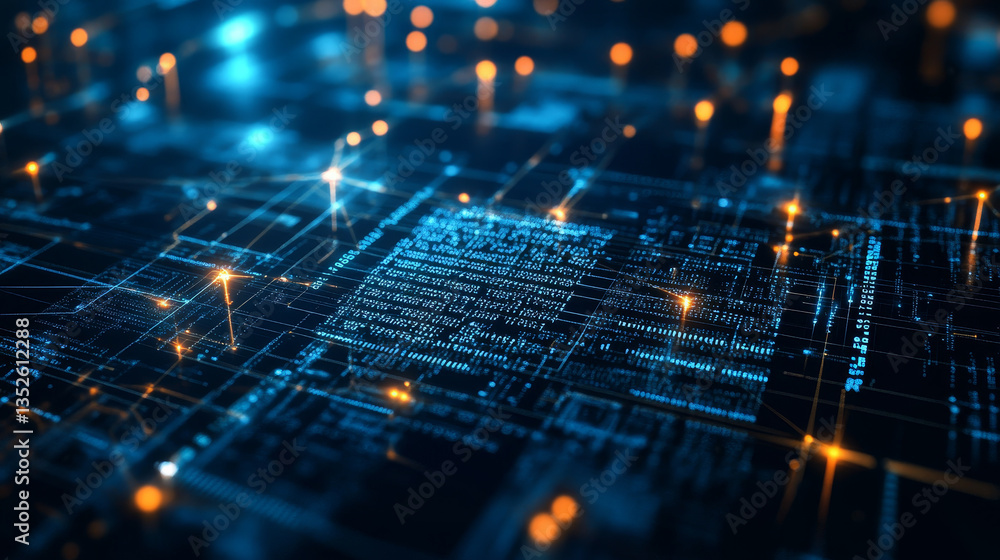 Poster digital technology concept data cyber security protection. interconnected polygons, binary code, and