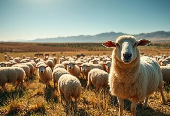 Fototapeta premium Fluffy merino sheep graze freely on a vast South African farm under a wide, sunny sky, sheep farming, rural photography
