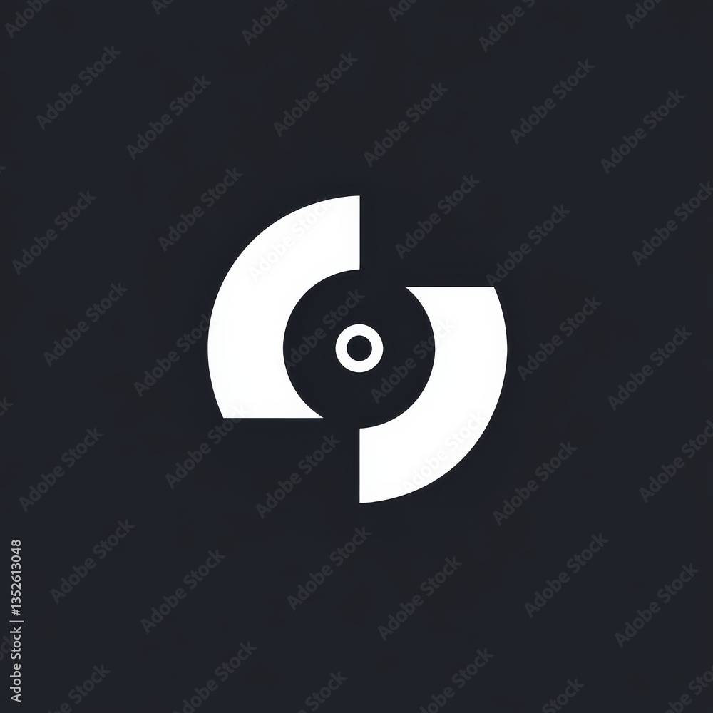 Poster minimalist white symbol on dark background: circular and semi-circular elements interacting
