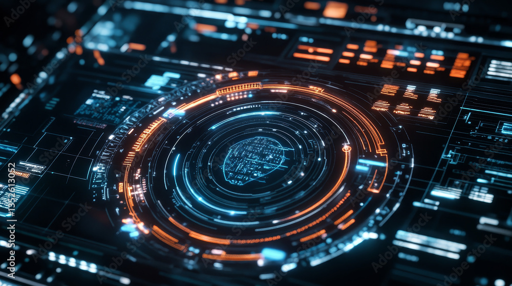 Poster hud and shield icon of cyber security, digital data network protection, future technology network co