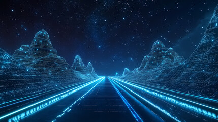 Sci-fi road illuminated by blue lights with digital mountains