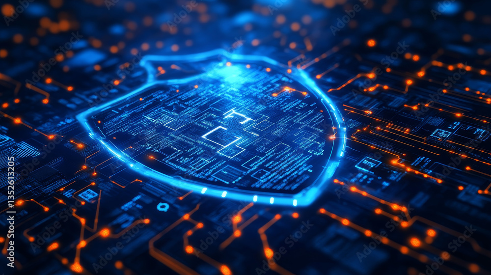 Poster hud and shield icon of cyber security, digital data network protection, future technology network co