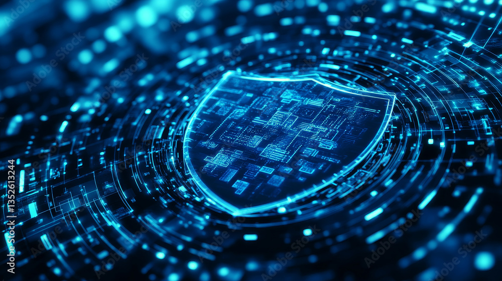 Poster hud and shield icon of cyber security, digital data network protection, future technology network co