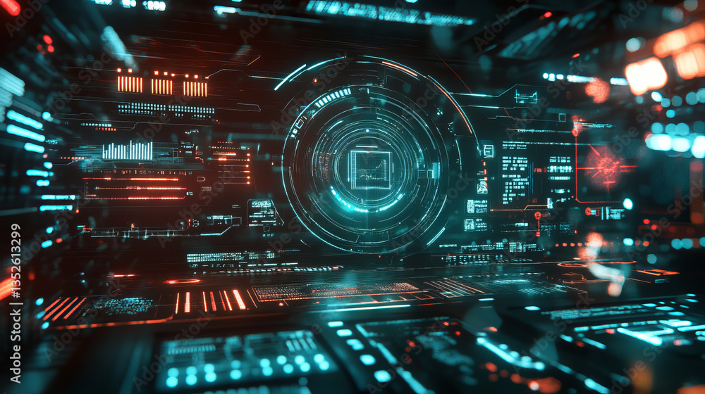 Poster hud and shield icon of cyber security, digital data network protection, future technology network co