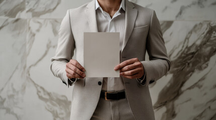 Photo of a man wearing light grey suit holding blank paper in his hands on white background