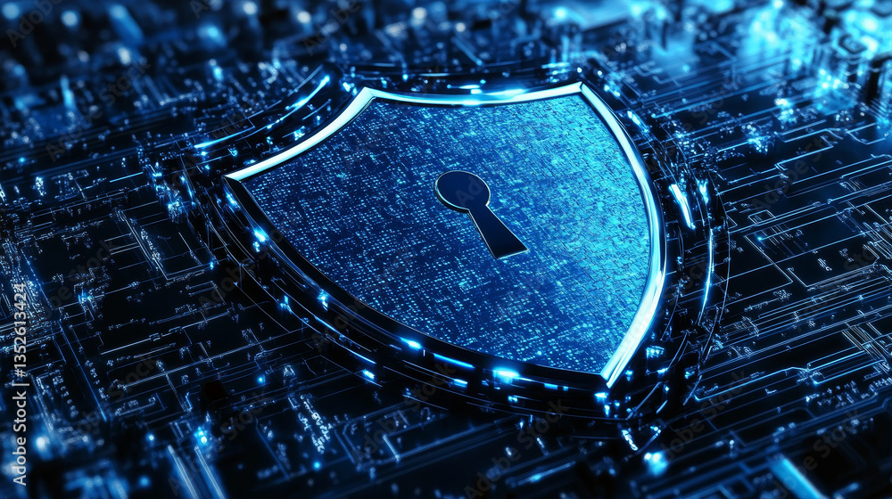Poster hud and shield icon of cyber security, digital data network protection, future technology network co