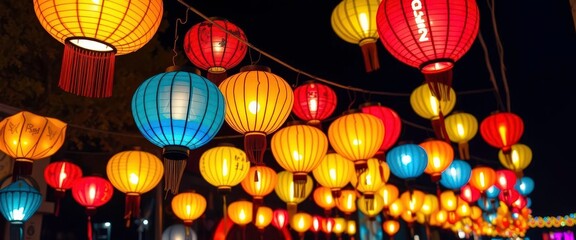 Globally illuminated vibrant paper lanterns at night cast warm, colorful light, lantern, bright