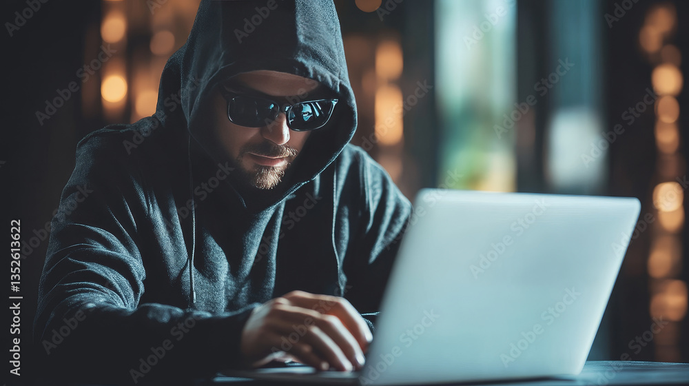 Poster man using laptop computer accessing applications or login internet network to conduct transactions t