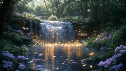 Fototapeta premium Serene waterfall cascading into a tranquil pond surrounded by vibrant flowers and soft sunlight