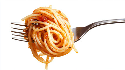 Spaghetti on fork, fettuccine pasta isolated on white background, full depth of field