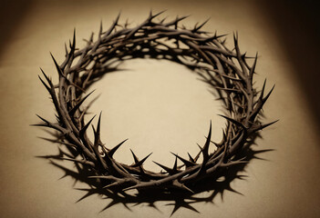 Fototapeta premium A crown of thorns rests on a surface, casting a profound shadow. This emblem of royalty and suffering evokes historical and spiritual reflections of sacrifice and redemption Generative AI