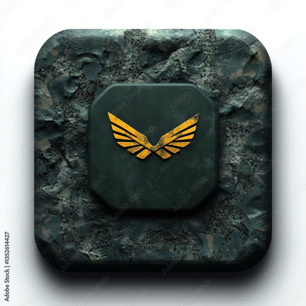 Poster textured stone emblem with golden wings on a square stone background creating a luxurious and powerf