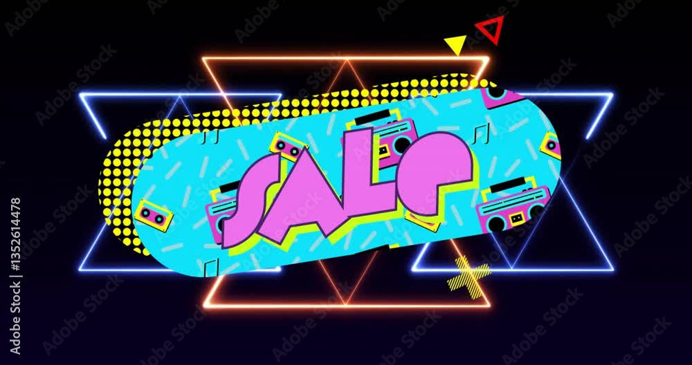 Poster animation of vibrant sale text with bright geometric shapes and retro patterns