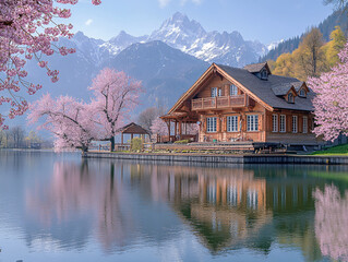 Obraz premium lakeside scene with a wooden house and a gazebo, surrounded by blooming cherry trees. The lake is calm, reflecting the house and trees, and the background features snow-capped mountains under a clear