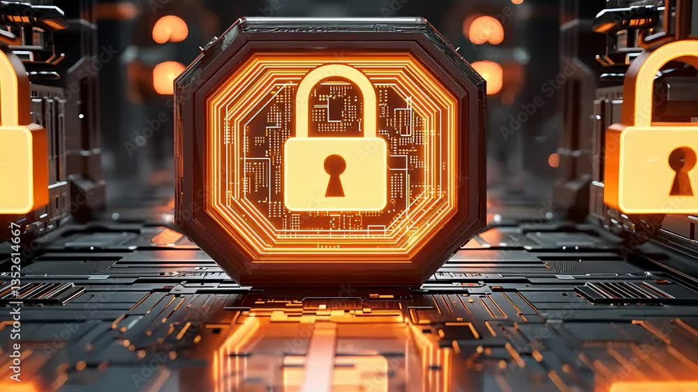 Poster digital lock on circuit board with cybersecurity focus