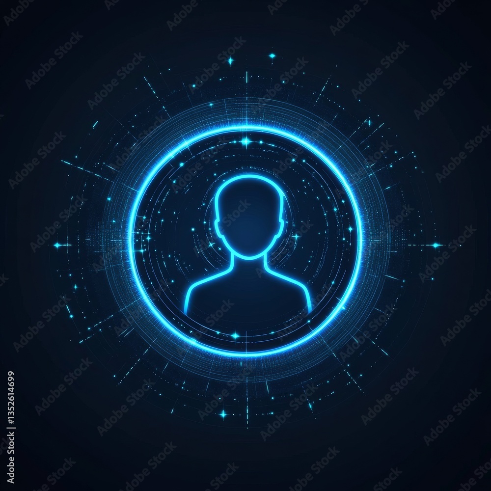 Poster user profile in a glowing digital circle, representing online identity and network connectivity on a