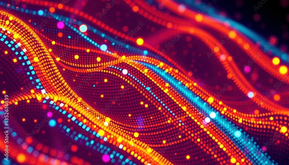 Poster abstract wavy matrix background with glowing digital particles , futuristic, pattern