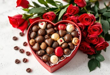 Heart-shaped box overflowing with assorted chocolates next to a bouquet of red roses, treat, gift