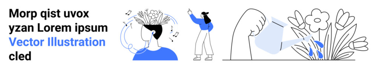 Human head sprouting ideas as plants, person watering flowers, blending creativity and growth. Ideal for innovation, sustainability, learning, mental health, brainstorming, teamwork simple landing