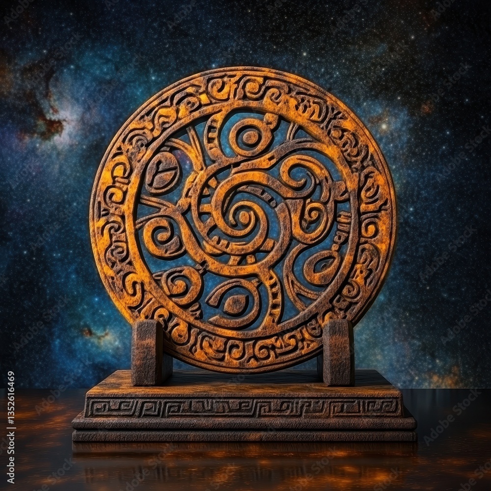 Aufkleber an intricately carved circular object displays against a starry background