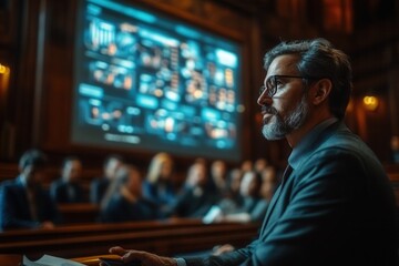 Obraz premium Business presentation showcases analytics and strategic insights in a formal setting during a board meeting