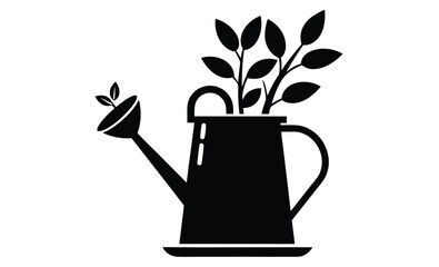 Garden watering can icon silhouette, Watering can silhouette with handle and spout