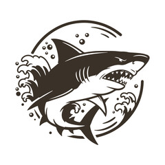 Bold shark graphic encircled by waves, ideal for marine art, decals, or merchandise. Captures the sea's intensity.