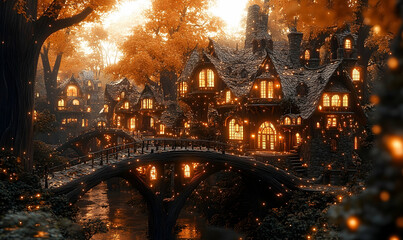 Enchanted autumn village with glowing windows and a bridge over a serene river at dusk