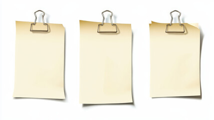 Realistic lined sticky notes with clip binder and adhesive tape. Blank note paper sheets. Information reminder. Vector illustration.