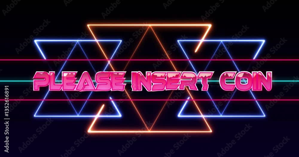 Poster retro arcade style animation with neon triangles and please insert coin text
