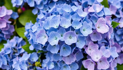 A lush cluster of blue hydrangeas, soft pastel shades of lavender and pink accentuating the blooms, vibrant, close-up