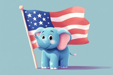 Adorable Elephant Character Holding the American Flag in a Fun Cartoon Style