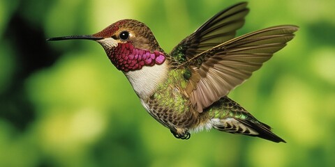 Fototapeta premium Adult Male Anna's Hummingbird in Flight, Sipping Nectar from Vibrant Flower in Santa Cruz, California