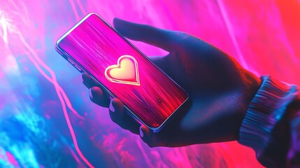 Hand holding phone with heart graphic, neon light background. Possible use Social media, online dating, mobile apps