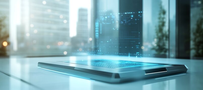 Advanced AI-Powered Scanner With Holographic Display on a Blurred Office Desk With Branding Space Reserved