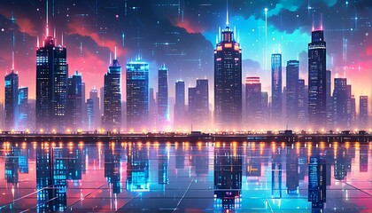 The image is a vibrant cityscape at night, featuring a collection of skyscrapers with glowing lights and a starry sky.
