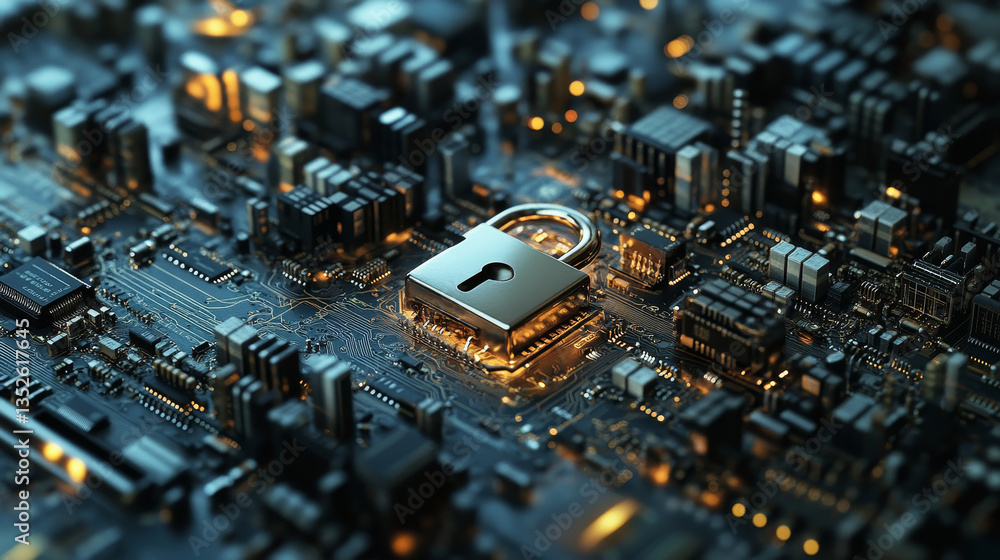 Poster padlock of cyber security on circuit board, digital data network protection, big data analysis futur
