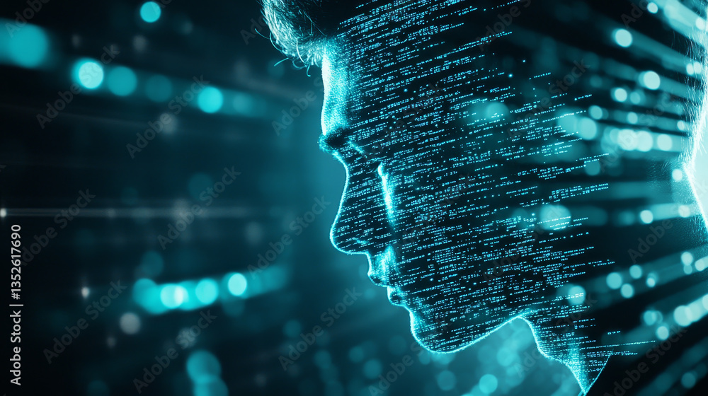 Poster digital information technology concept. man use cybersecurity computers to protect against online th