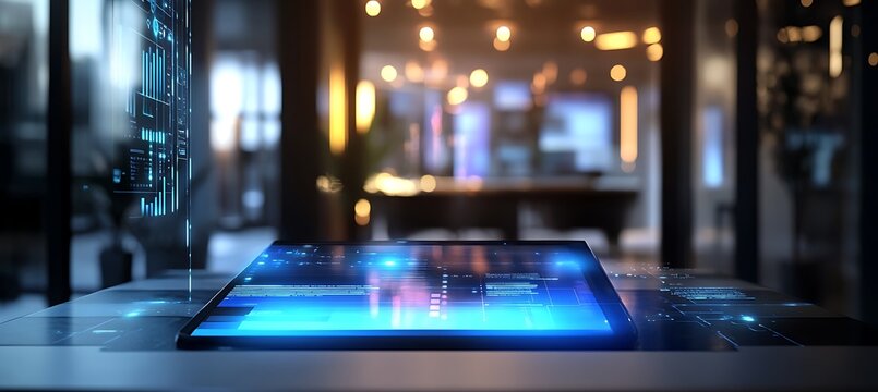 High-Tech AI-Powered Document Scanning Device with Glowing UI and Blurred Office Background for Branding Integration