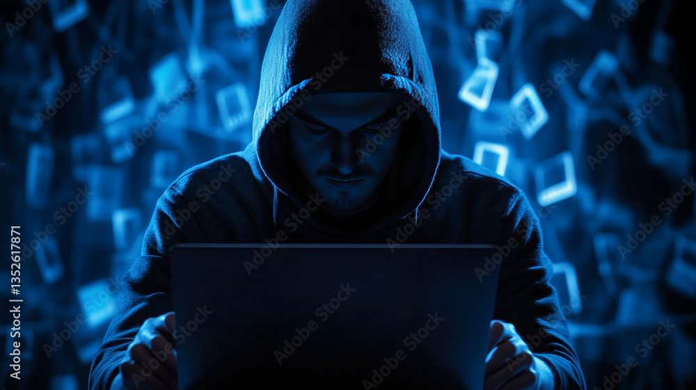 Poster man uses a laptop computer to log in to an internet network to communicate via digital technology. a