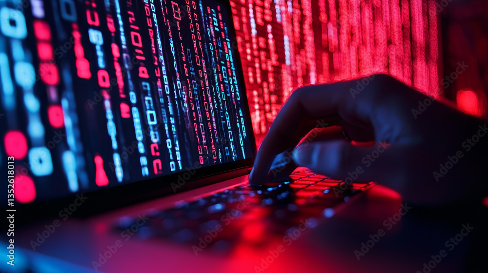 Poster man uses a laptop computer to log in to an internet network to communicate via digital technology. a