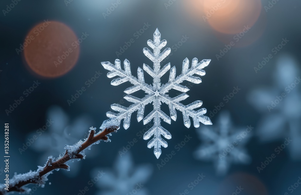 Poster close-up photo snowflake crystal. snowflake on tree branch in winter. delicate structure, symmetrica
