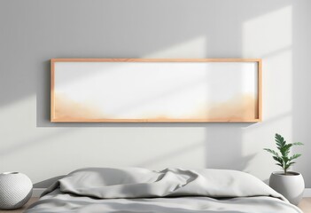 Horizontal light wood framed wall art mockup on gray bedroom wall; subtle shadows, home decor, minimal
