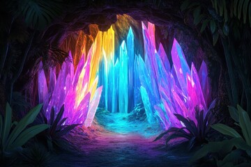 Fototapeta premium A colorful cave illuminated by stunning and vibrant crystal formations