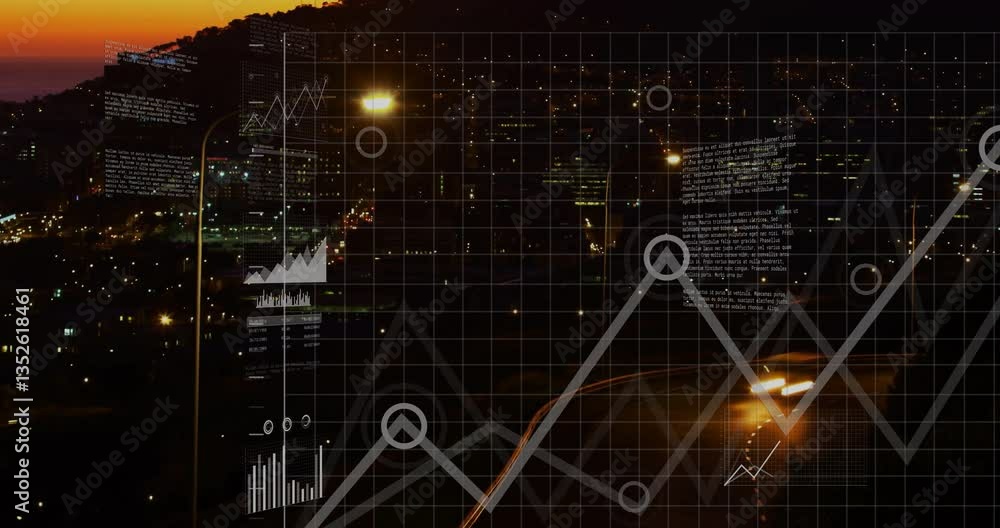 Aufkleber animating data analytics graphics over cityscape at night with moving traffic