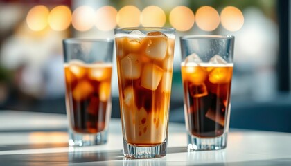 Iced coffee, condensation, tall glass, ice cubes, summer drink, detail, drink