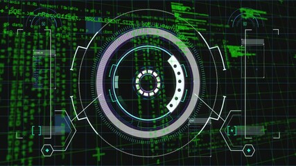 Circular patterns and green coding animation on futuristic digital interface