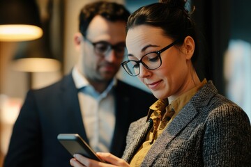 Fototapeta premium Confident Woman Marketing Expert on Phone in Corporate Office Setting
