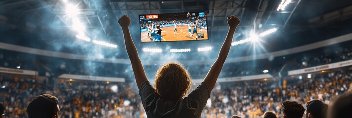 A fan in the stands of an indoor sports arena watches the game with his arms raised.