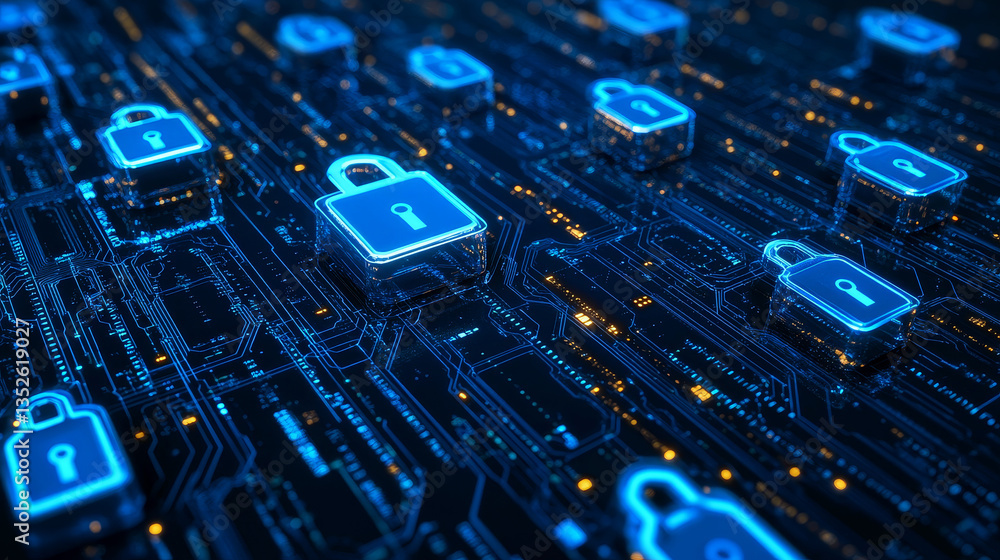 Poster abstract concepts of cybersecurity technology and digital data protection. protect internet network 
